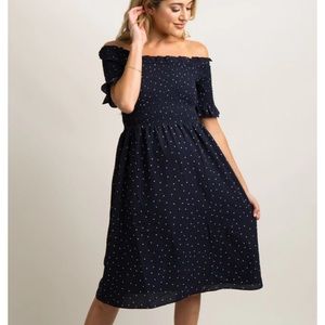 Maternity pink blush navy polka dot dress, new with tags